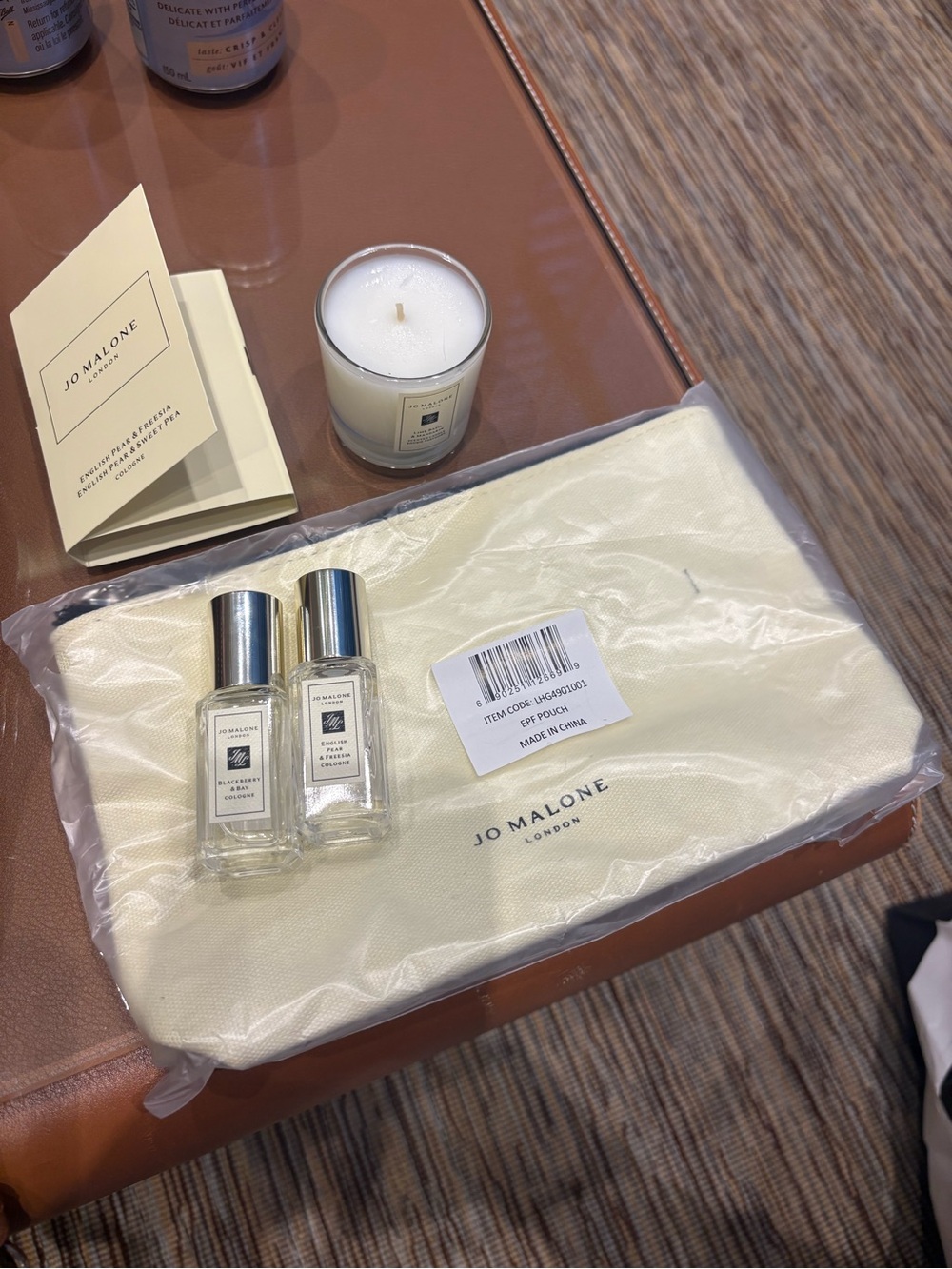 Jo Malone Cream Canvas Pouch with Fragrance Minis and candle